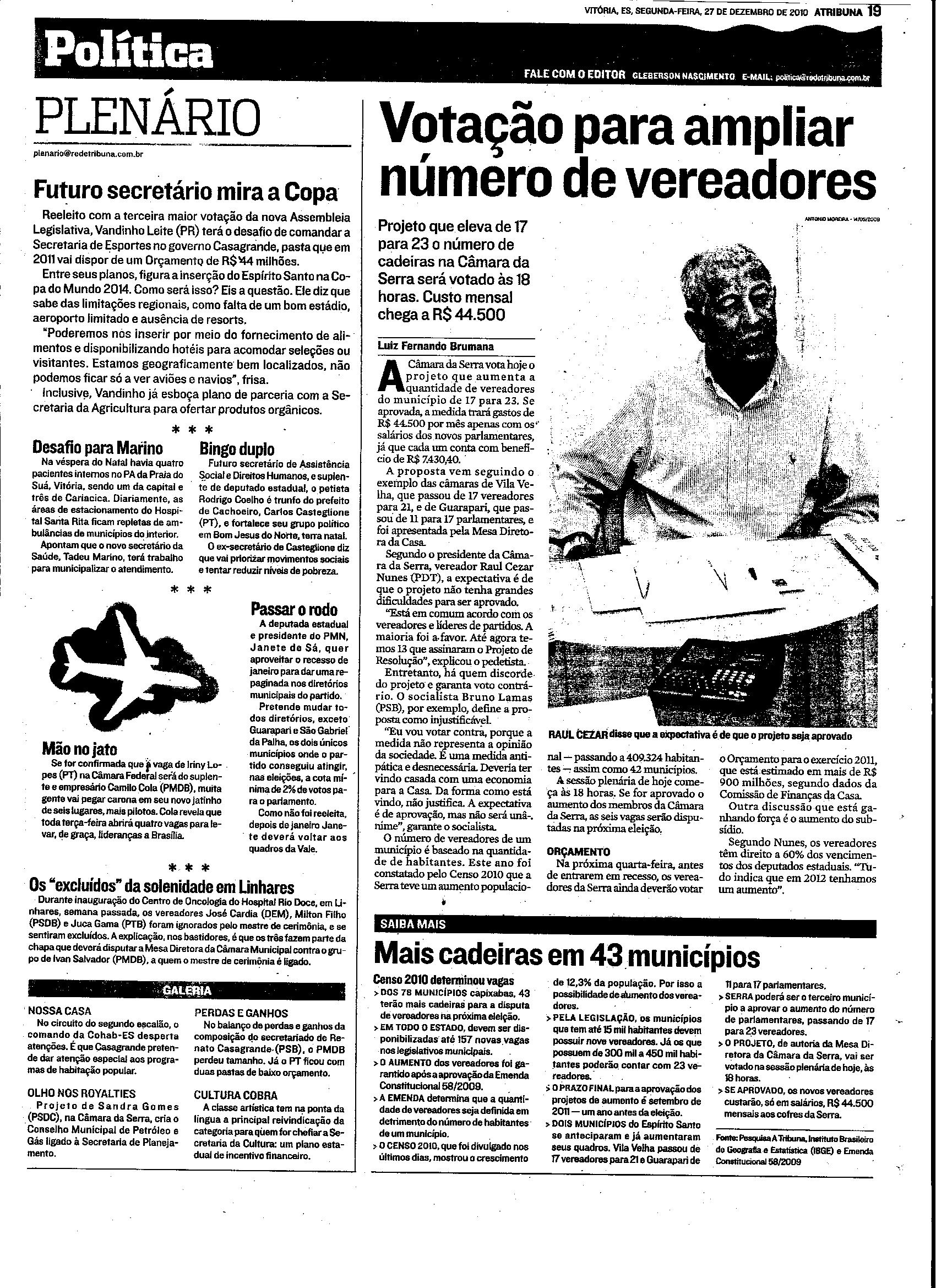 Projeto que eleva de 17 para 23 vereadores na Câmara da Serra, será votado hoje