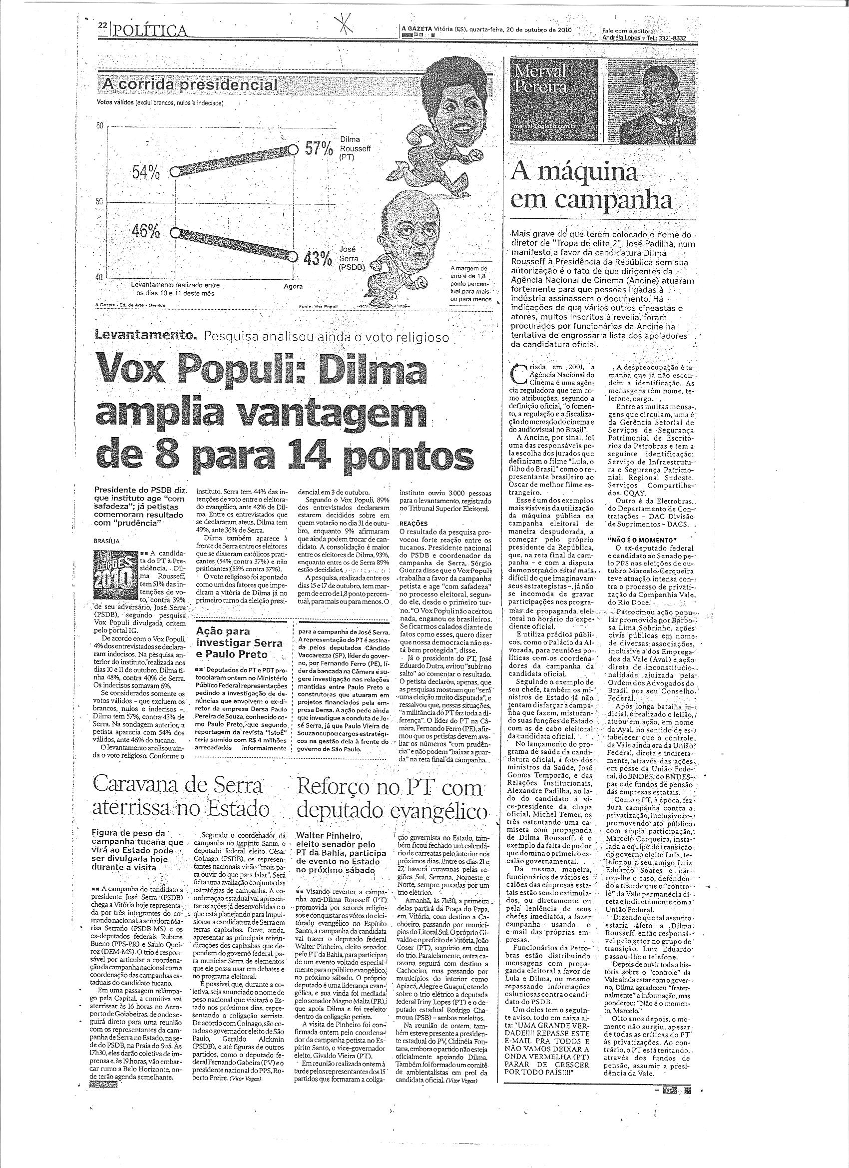 Vox Populi: Dilma amplia vantagem de 8 para 14 pontos